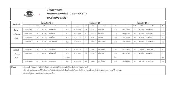 ตารางสอบปลายภาคเรียนที่ 1/2568